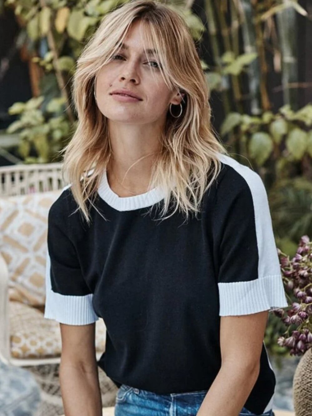 Summer Salt Cotton-Cashmere Black & White Color Block Short Sleeve Sweater-Sz L